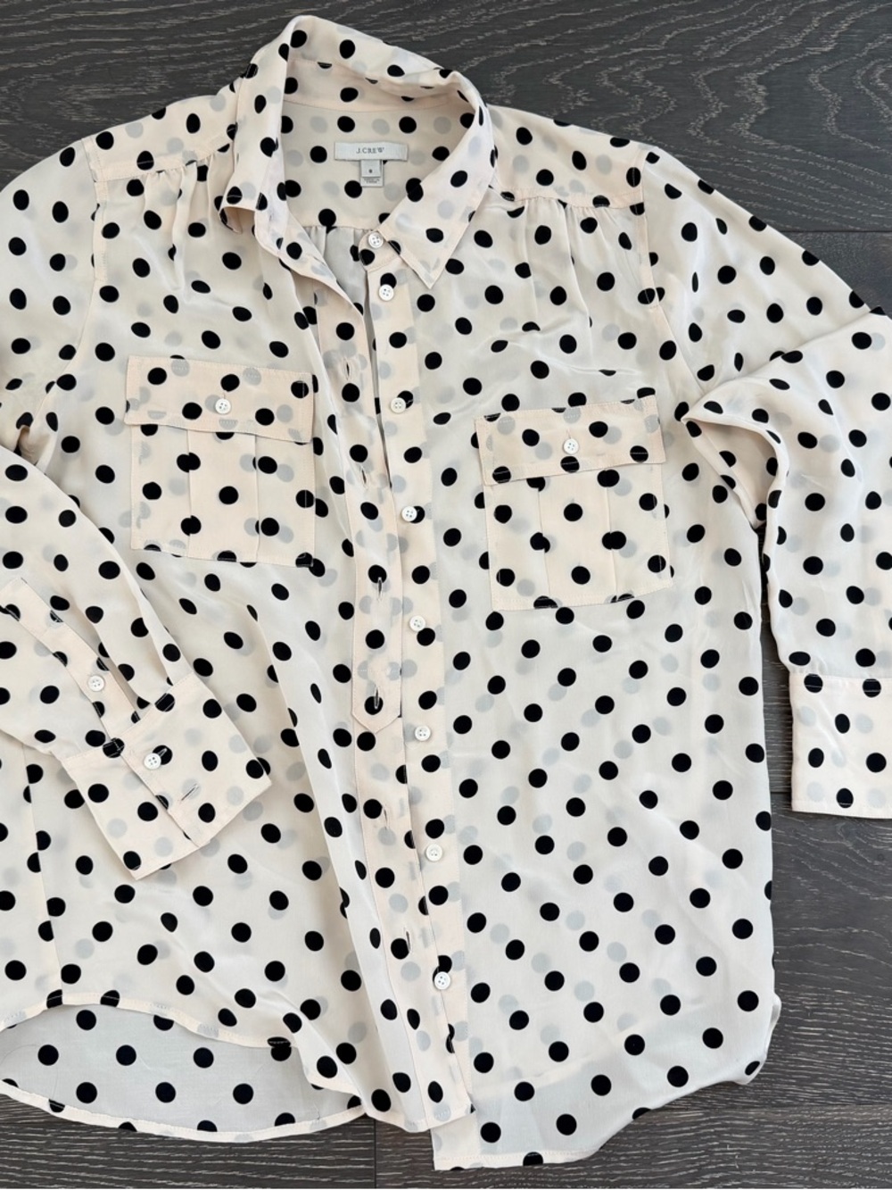 J. Crew Cream Silk Button-Down Shirt with Black Polka Dots